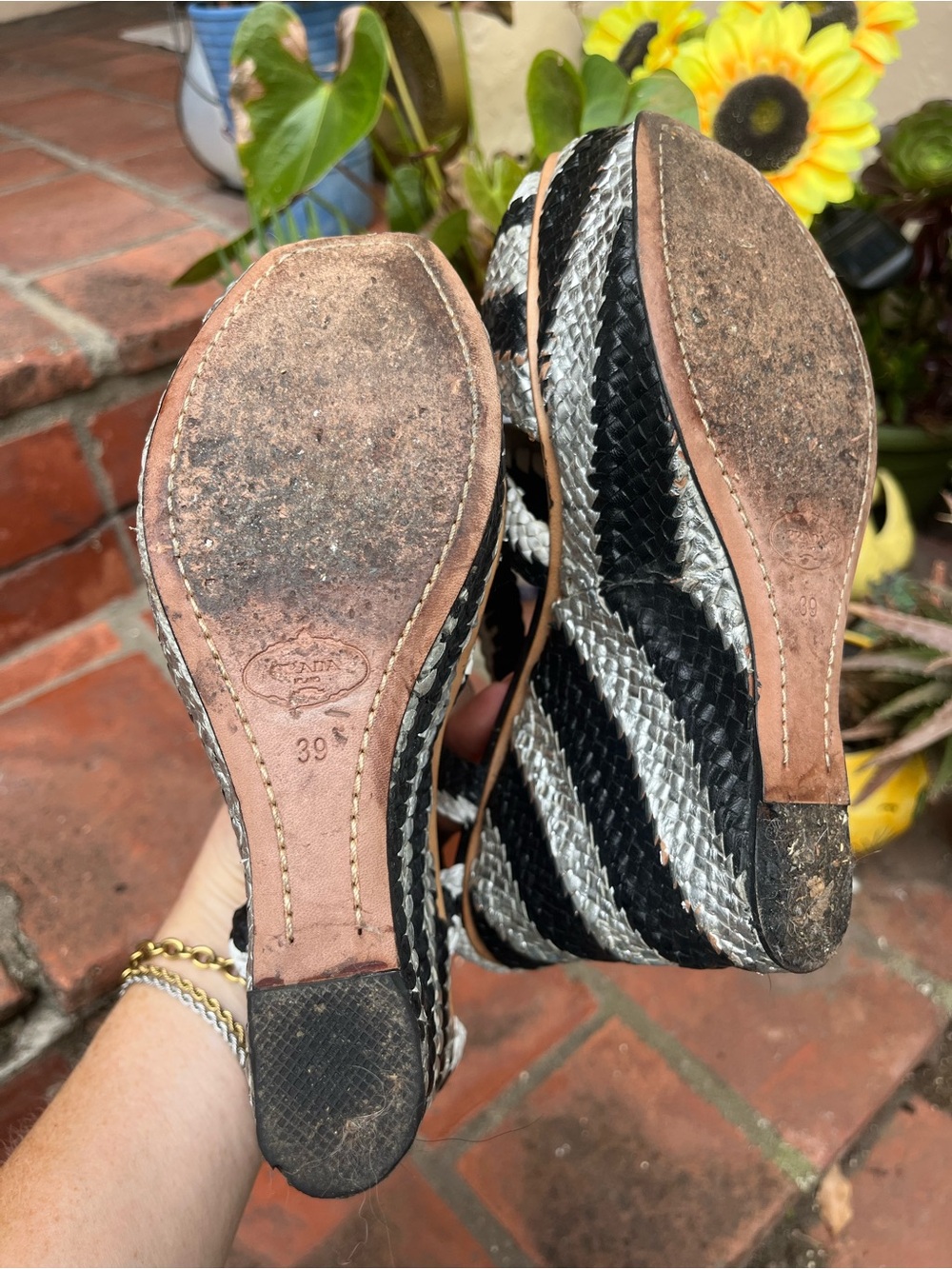 2 pairs, Prada silver black wedges and Manolo Blahnik pony hair tie pumps - Picture 8 of 11